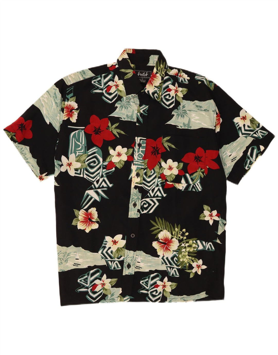 Vintage hombres camisa de manga corta pequeño negro floral poliéster hawaiano