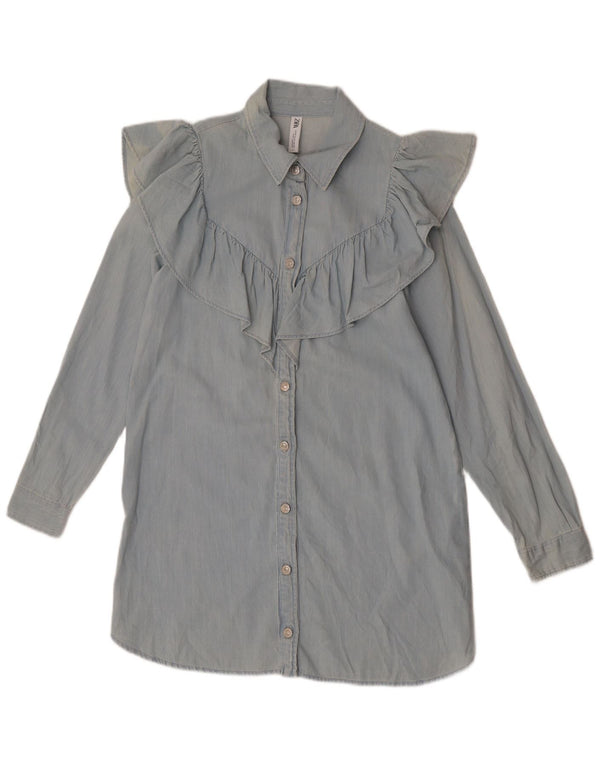 Zara Vestido Camisero Vaquero Con Volantes En La Parte Delantera UK 44 Algodón Azul Medio