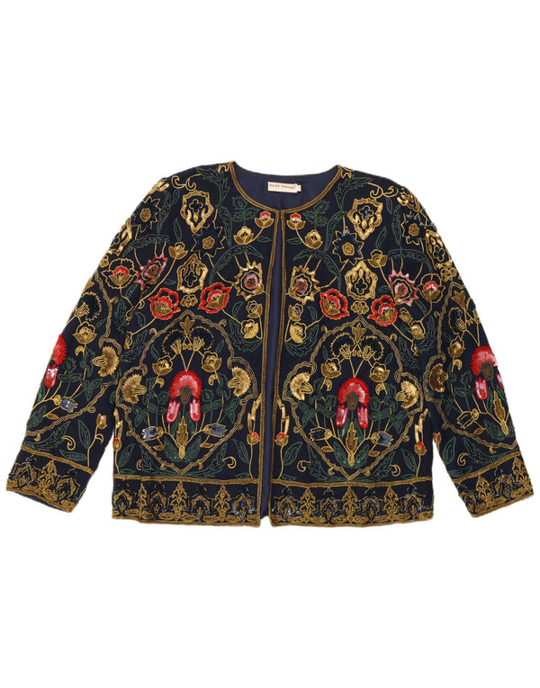 PAST TIME Cárdigan holgado para mujer UK 10 Small Seda floral azul marino