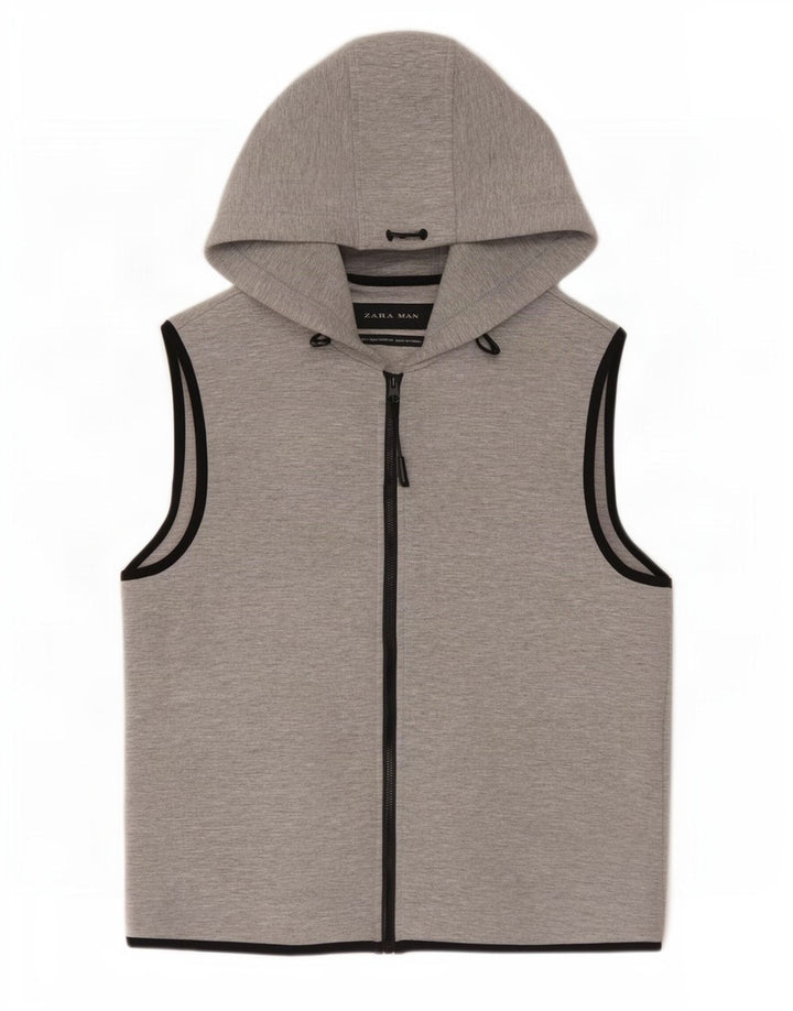Zara Hombre Suéter Sin Mangas Con Capucha Y Cremallera Pequeño Poliéster Gris