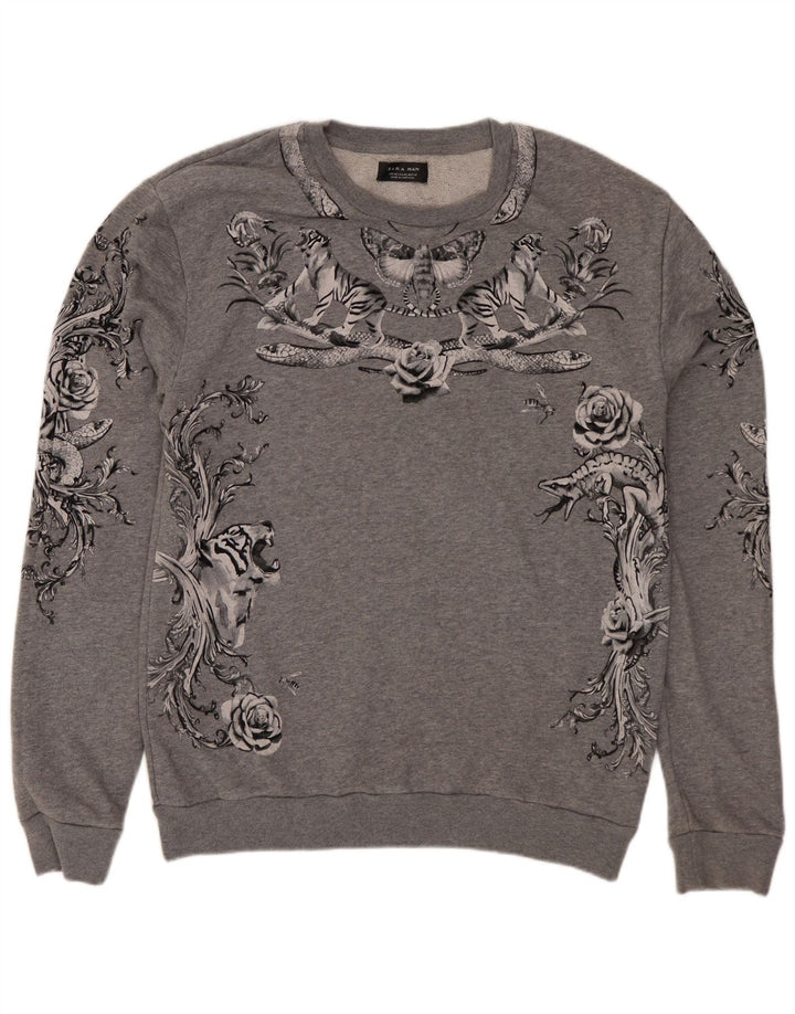Zara Hombre Sudadera Estampada Jersey De Algodón Floral Gris Medio