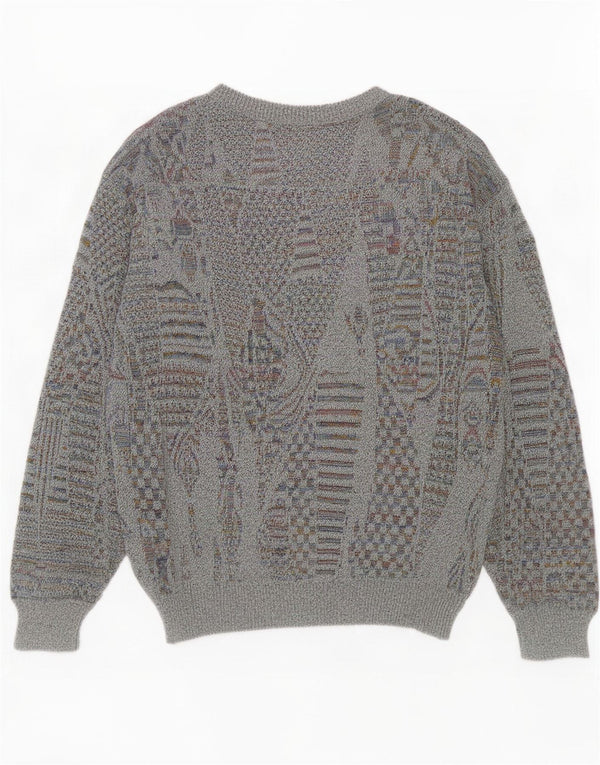 Vintage hombres cuello redondo jersey suéter pequeño gris geométrico