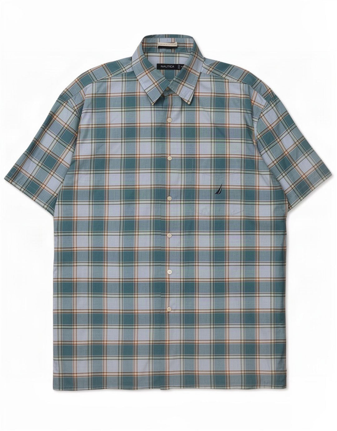 Nautica Camisa Manga Corta Hombre XL Azul Cuadros Algodón