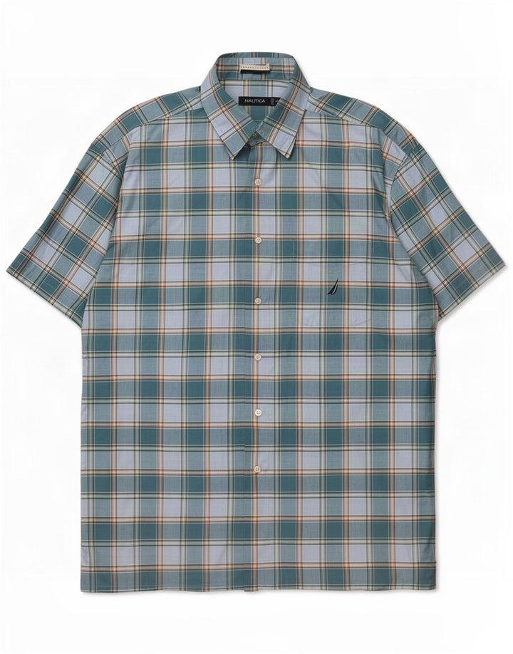 Nautica Camisa Manga Corta Hombre XL Azul Cuadros Algodón