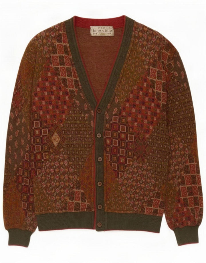 Vintage hombres Cardigan suéter medio marrón patchwork algodón