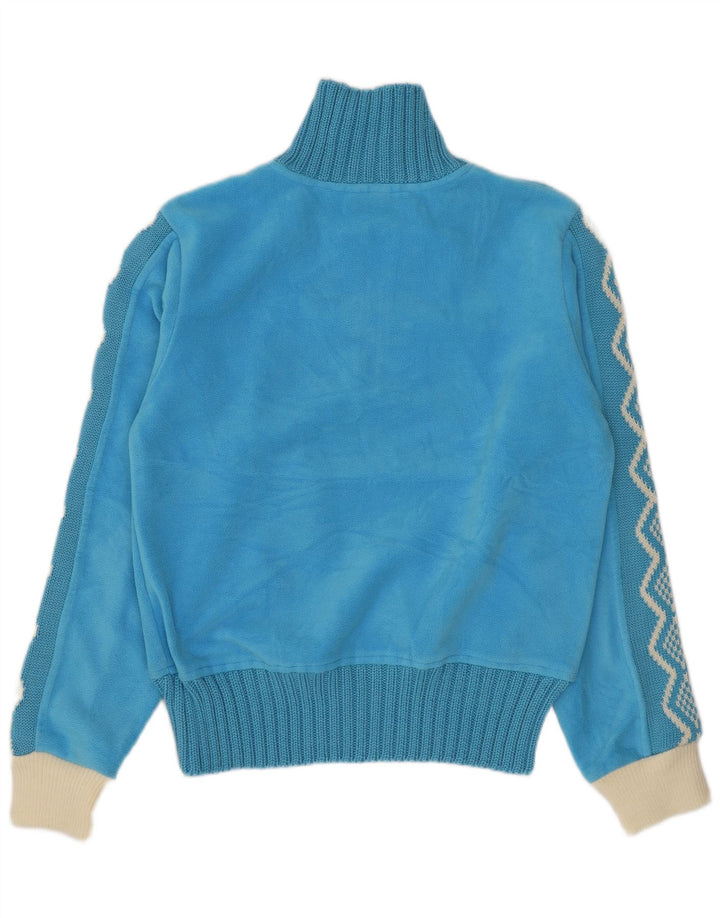 Vintage mujer zip cuello polar jumper Reino Unido 14 poliéster geométrico azul medio