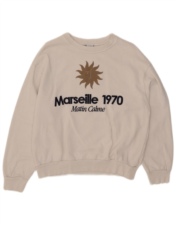 Zara Mujer Gráfico Sudadera De Gran Tamaño Jersey Reino Unido 10 Pequeño Algodón Blanco
