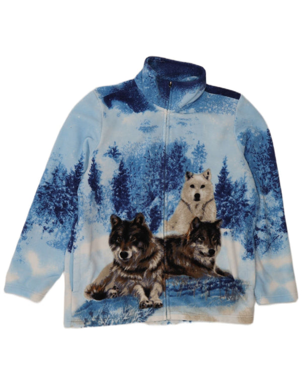 Vintage mujer gráfica chaqueta de vellón Reino Unido 16/18 gran estampado animal azul