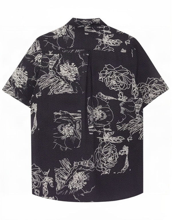 Vintage mujer camisa de manga corta Reino Unido 16 grande azul marino floral