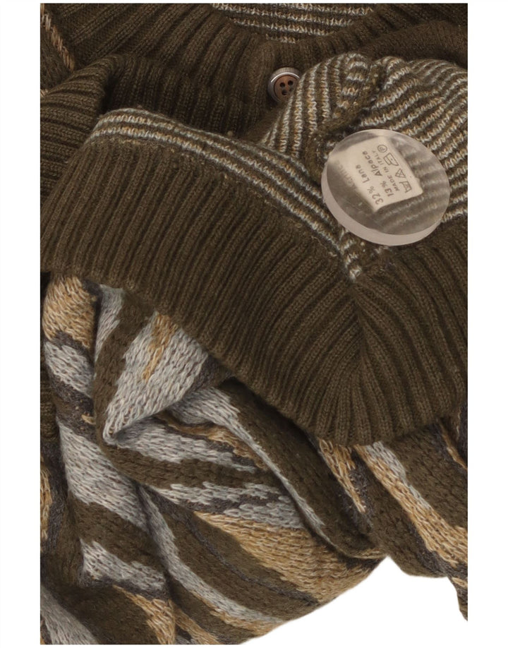 Vintage hombres Cardigan suéter grande caqui rayas acrílico