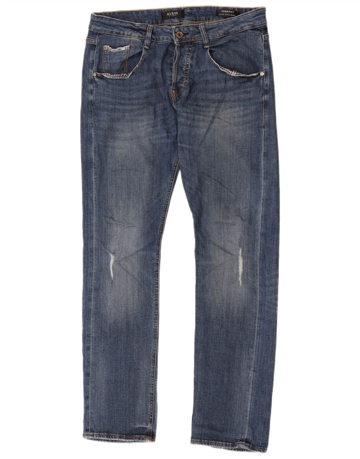 Guess Vaqueros ajustados rectos desgastados para hombre W30 L33 Poliéster azul