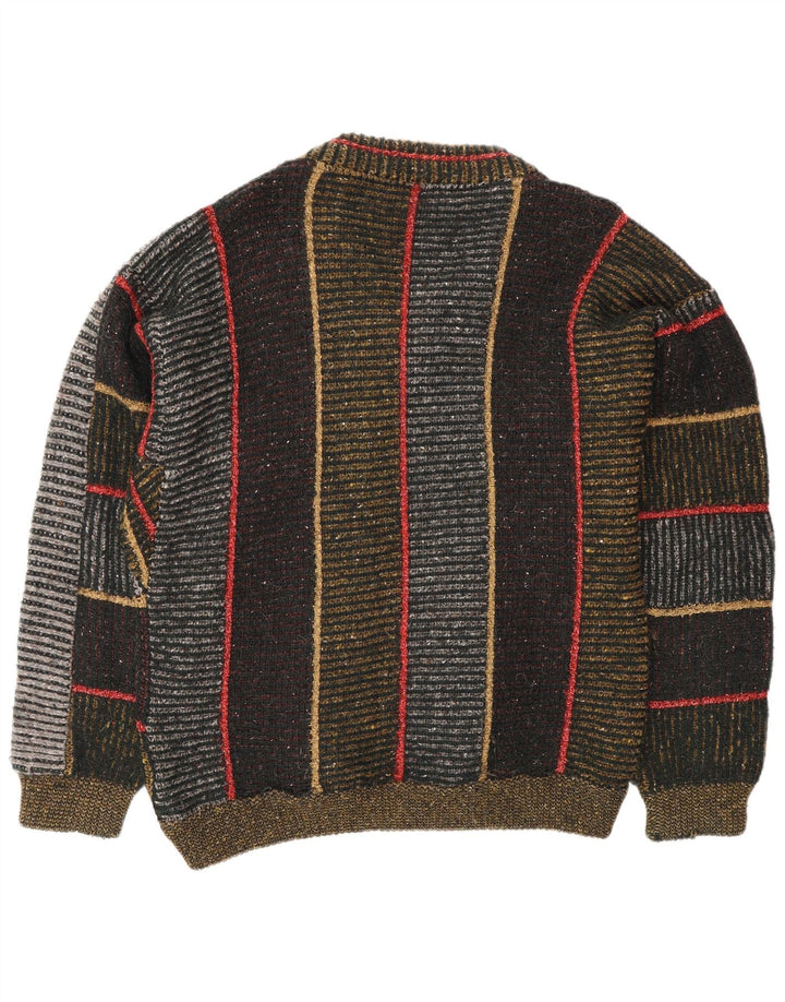 Vintage hombres V-cuello jumper suéter grande lana a rayas multicolores