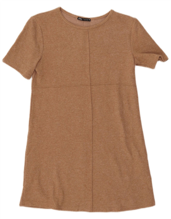 ZARA Vestido tipo jersey de manga corta para mujer UK 40 Poliéster beige medio
