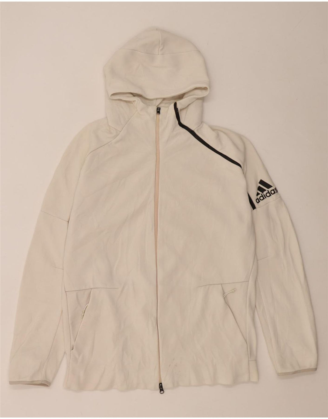 Adidas - Sudadera con capucha y cremallera gráfica para hombre, talla grande, color blanco roto