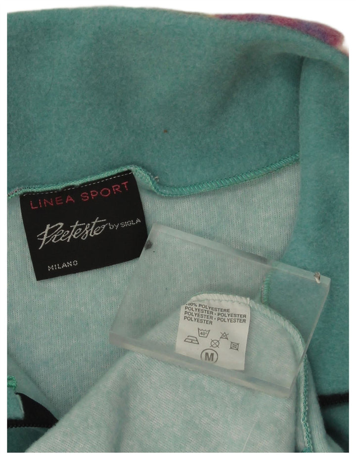 Vintage hombres zip cuello polar jumper medio verde poliéster geométrico