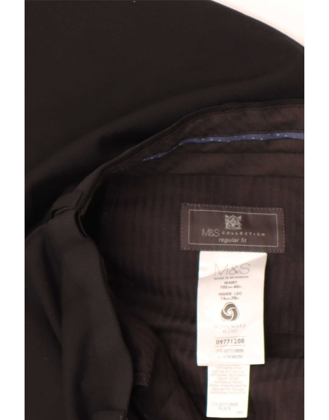 Marks & Spencer Pantalón de traje de corte regular para hombre W40 L29 Lana negra