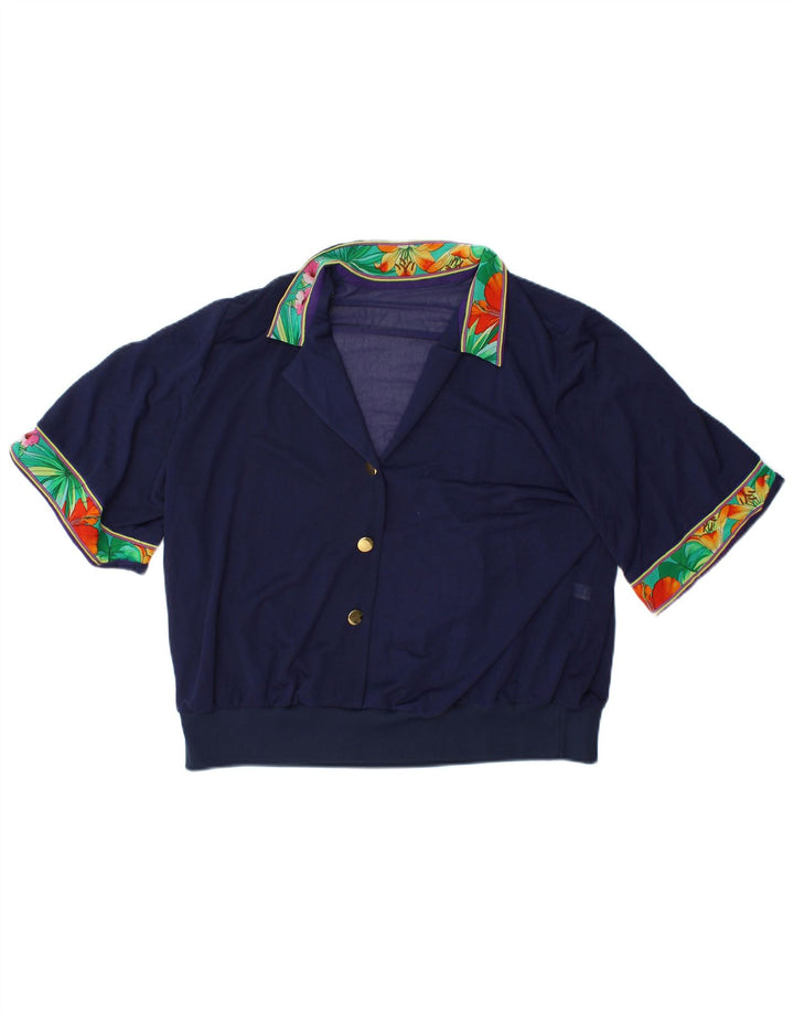 VINTAGE Blusa corta para mujer Top IT 48 XL Azul marino Floral