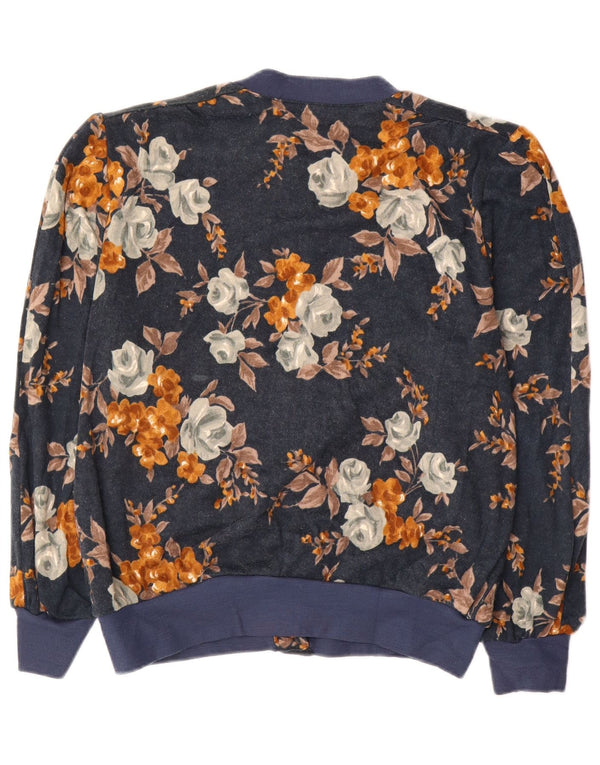 Vintage mujer oversized Cardigan suéter IT 50 XL azul marino floral acrílico