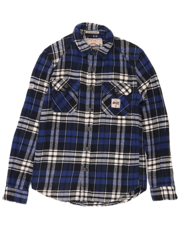SUPERDRY Hombre Camisa De Franela De Algodón A Cuadros Azul Pequeño