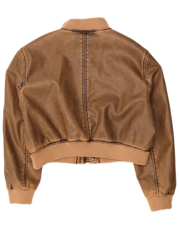 Vintage mujer crop faux cuero bomber chaqueta Reino Unido 14 marrón medio