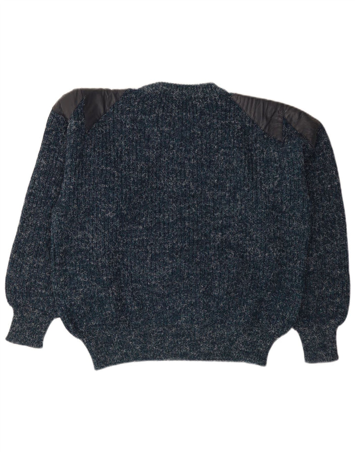 Vintage hombres cuello redondo jersey suéter medio azul marino lana moteada