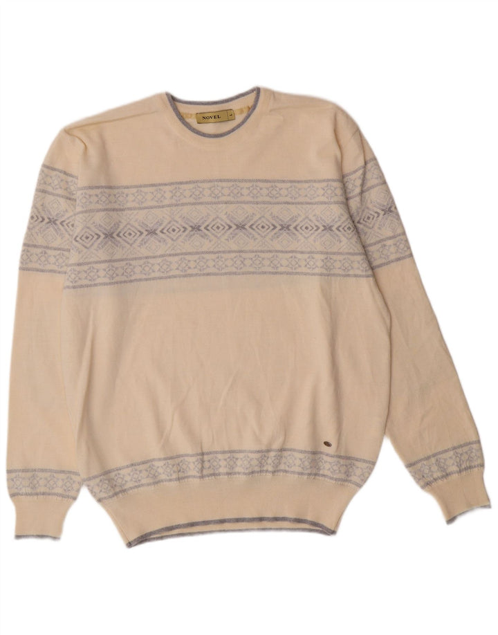VINTAGE Hombres Crew Neck Jumper Suéter Grande Beige Fair Isle Clásico