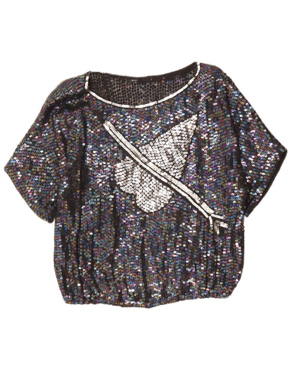 VINTAGE Blusa gráfica para mujer Top Reino Unido 14 Corazón moteado negro grande