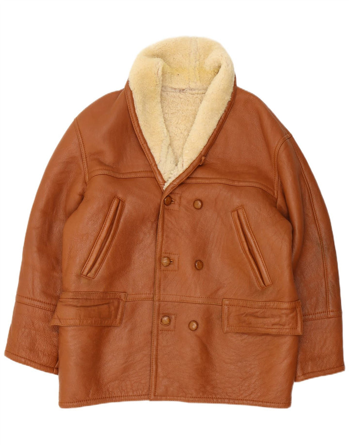 Vintage hombres doble pecho shearling chaqueta IT 54 2XL marrón