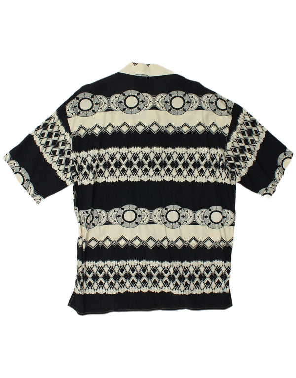 Vintage hombres manga corta camisa holgada pequeña viscosa geométrica negra