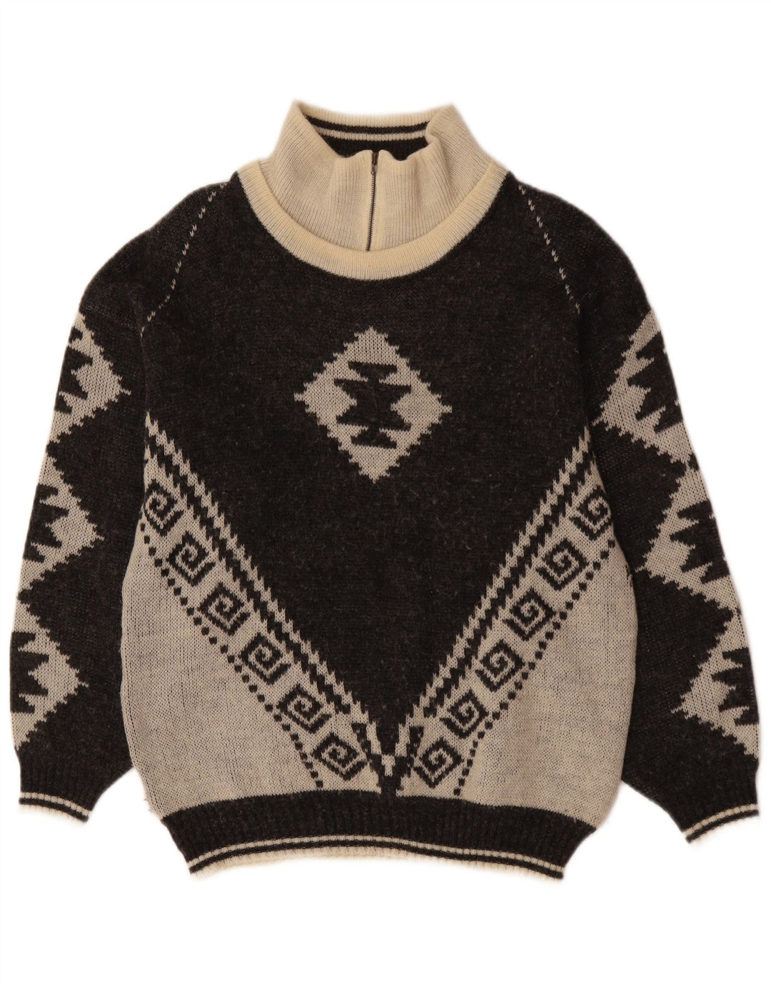 VINTAGE Hombres Zip Neck Jumper Suéter IT 46 Pequeño Negro Fair Isle