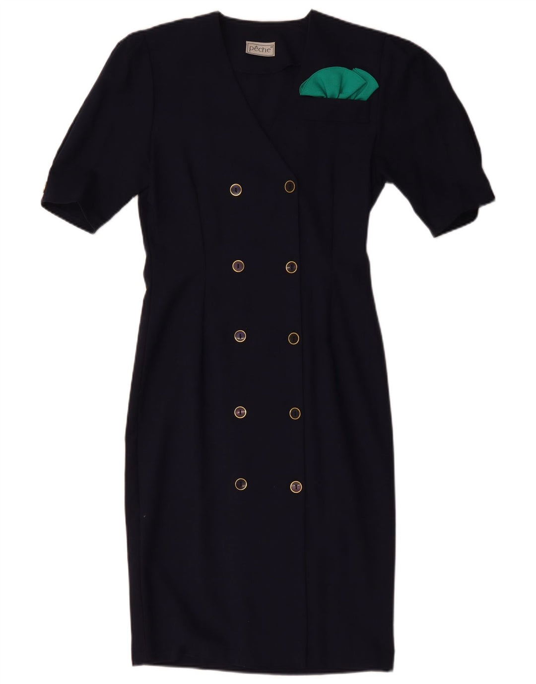 VINTAGE mujer vestido de vaina de doble pecho US 10 grande azul marino