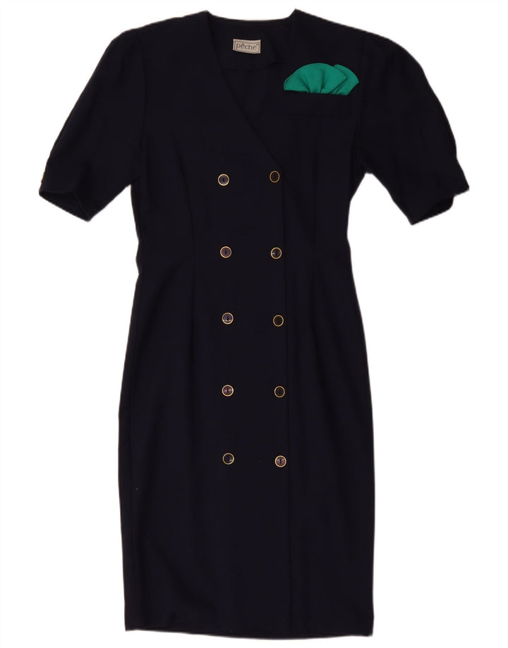 VINTAGE mujer vestido de vaina de doble pecho US 10 grande azul marino