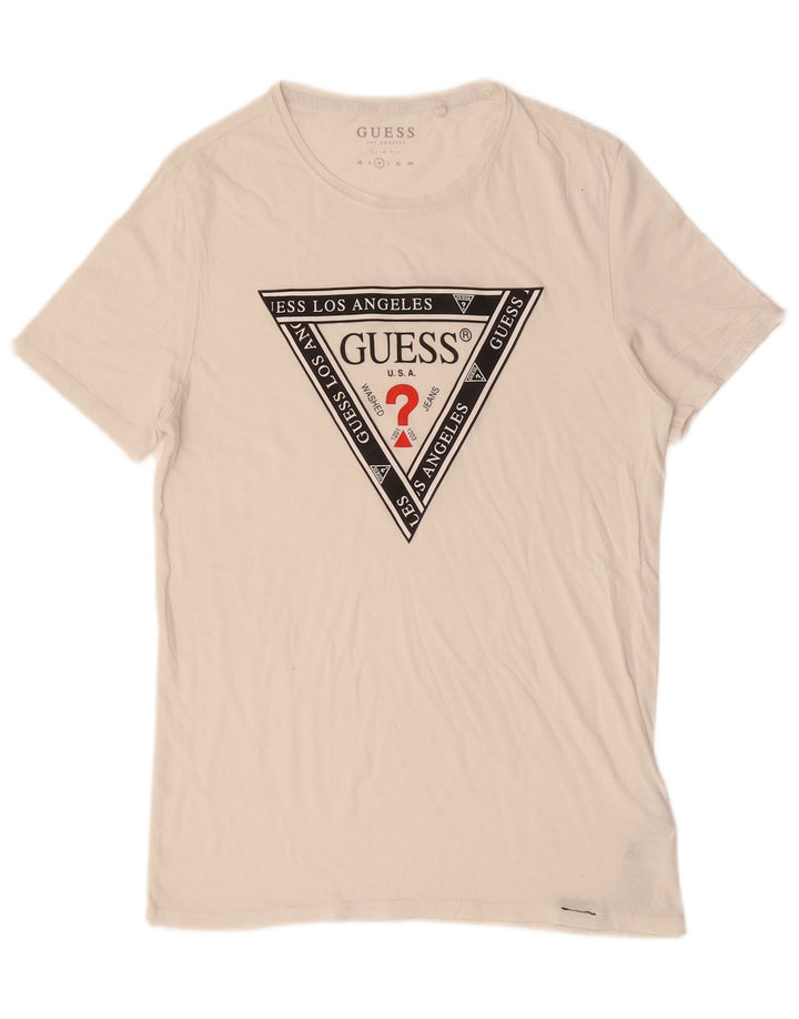 GUESS Camiseta gráfica ajustada para hombre Top mediano de algodón blanco roto