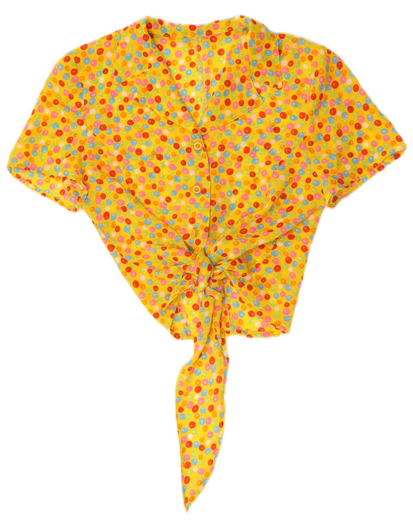Vintage mujer crop manga corta camisa blusa Reino Unido 10 pequeño amarillo manchado