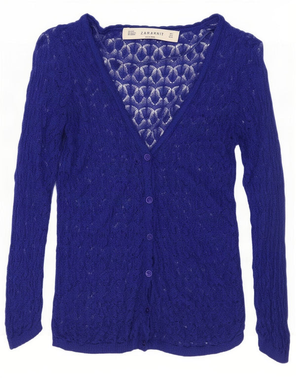 Zara Mujer Suéter Cárdigan Extragrande Manga 3/4 UK 10 Small Acrílico Azul