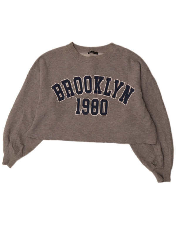 Zara Mujer Brooklyn Graphic Sudadera De Gran Tamaño Jersey UK 10 Small Gris