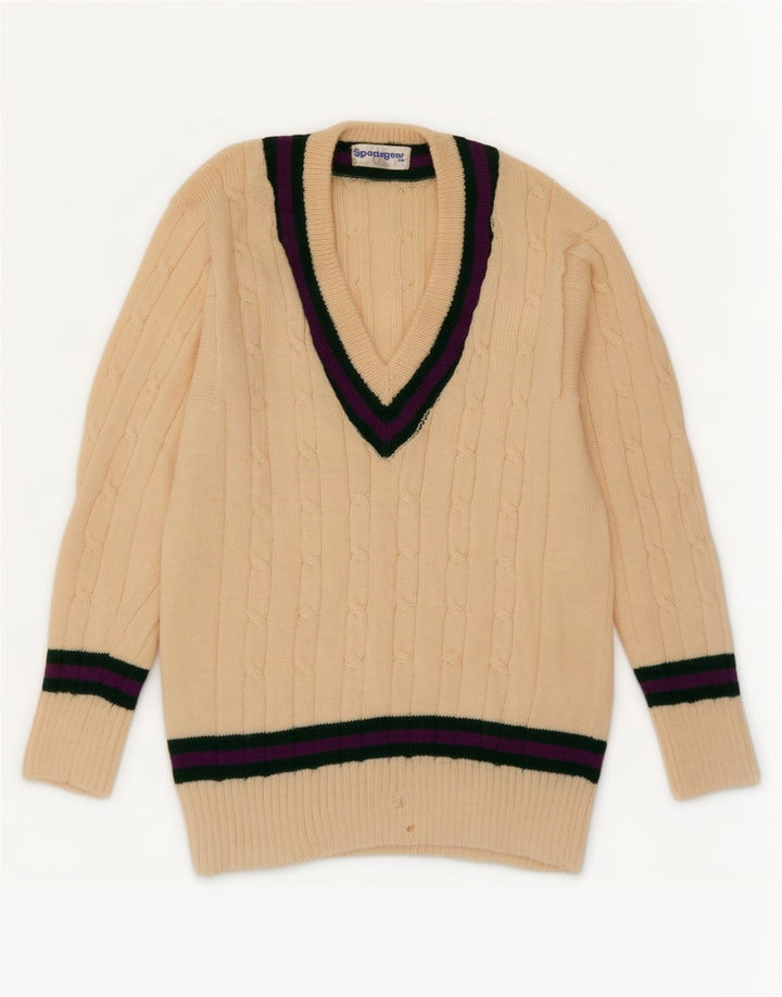 Vintage hombres V-cuello jumper suéter pequeño beige colorblock