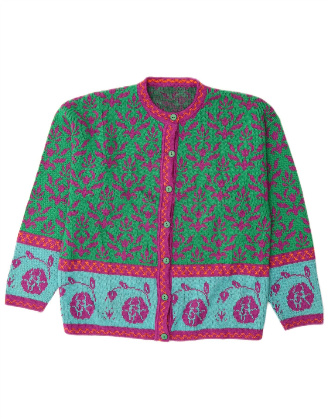 VINTAGE Mujer Cardigan Suéter Reino Unido 14 Lana Floral Verde Medio
