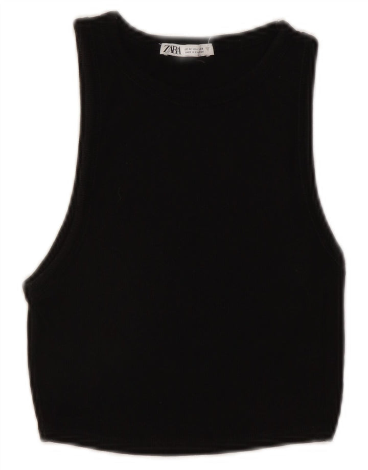 ZARA Mujer Crop Vest Top UK 12 Mediano Negro Algodón