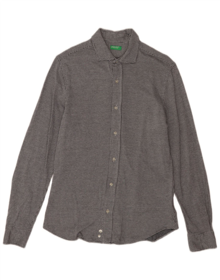 Camisa Benetton Hombre Algodón Pata De Gallo Gris Medio