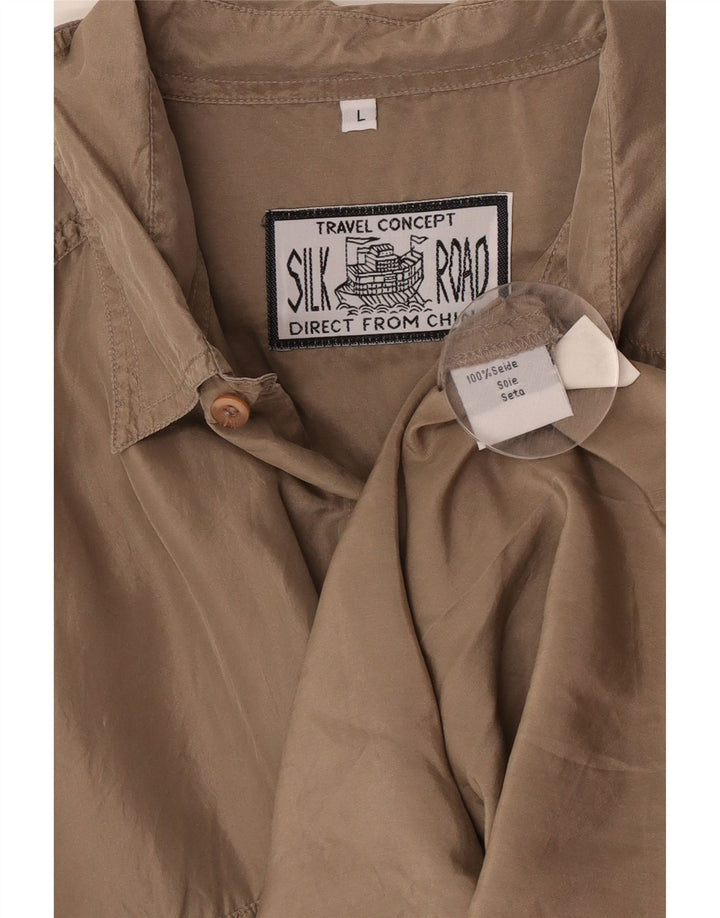 Vintage hombres camisa de manga corta grande seda marrón