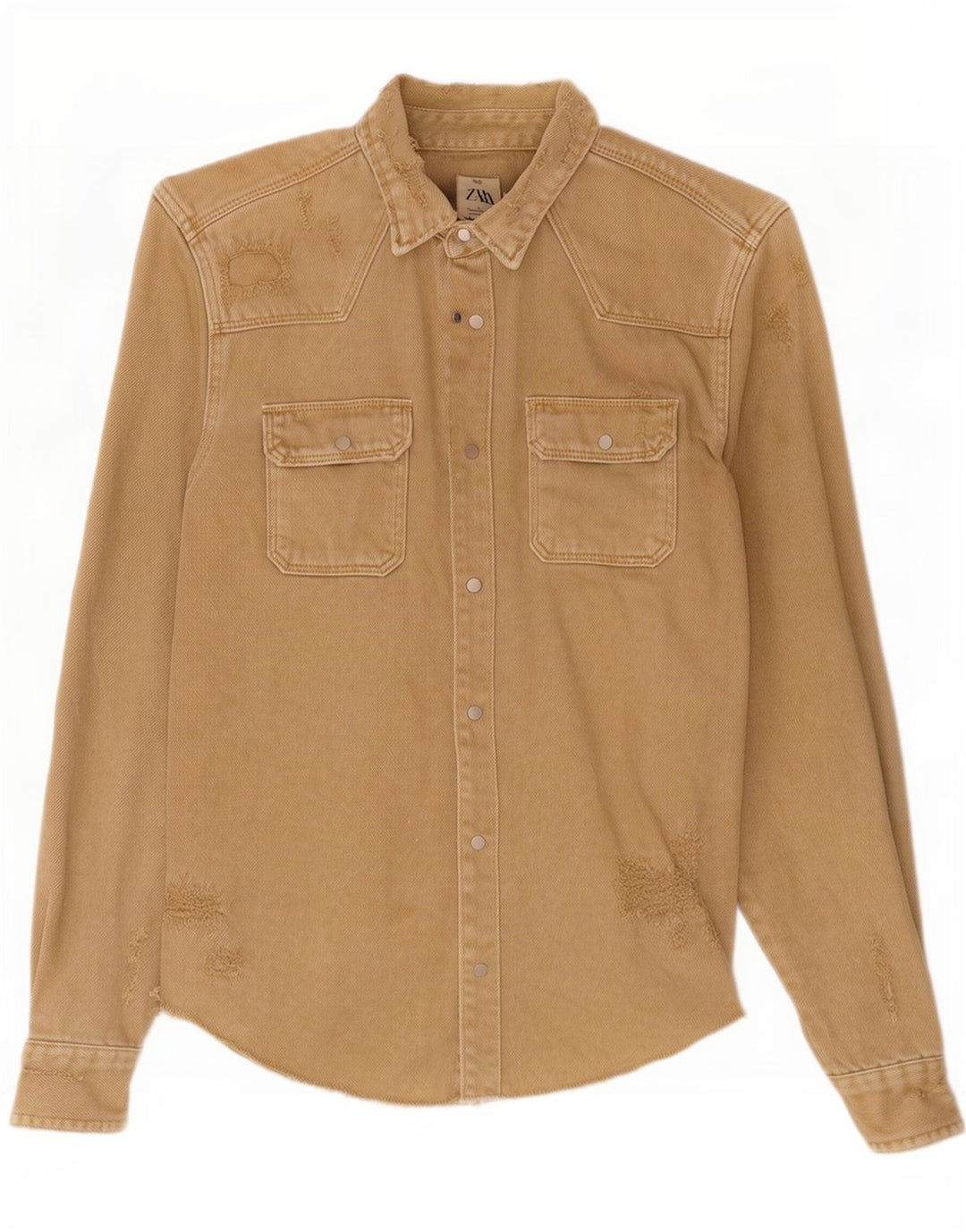 Zara Hombre Camisa Vaquera Desgastada Algodón Marrón Medio
