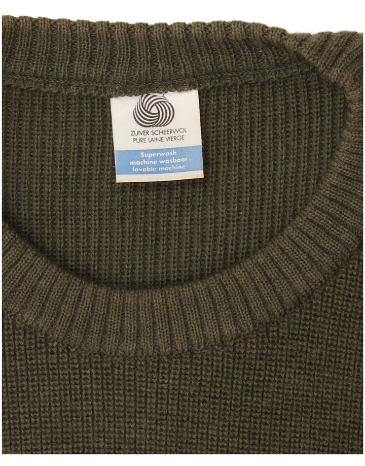 VINTAGE Hombres Militar Cuello Redondo Jumper Suéter Grande Caqui Lana Virgen