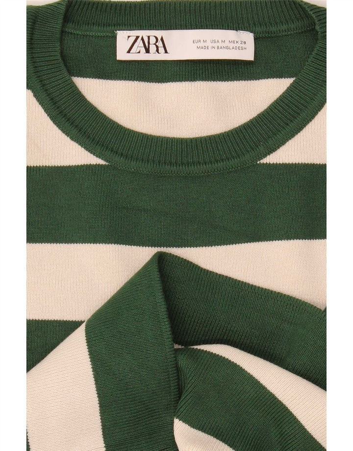 Zara Mujer Crop Top Manga Larga UK 42 Verde Medio Rayas
