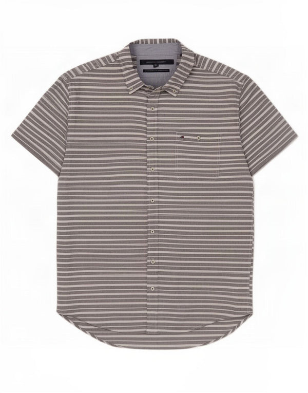 Tommy Hilfiger Camisa de manga corta para hombre, ajuste personalizado, talla 2XL, algodón gris a rayas