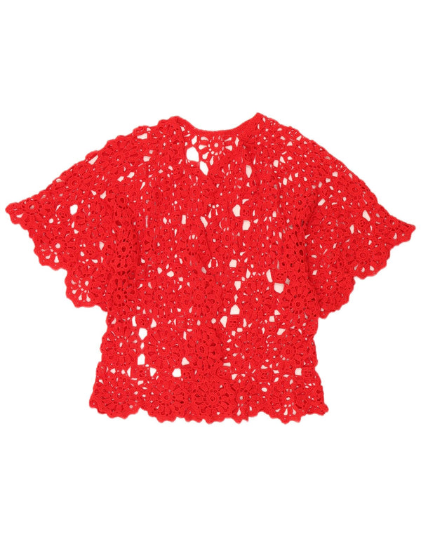 VINTAGE Mujer Manga Corta Crochet Cardigan Top Reino Unido 12 Medio Rojo Floral