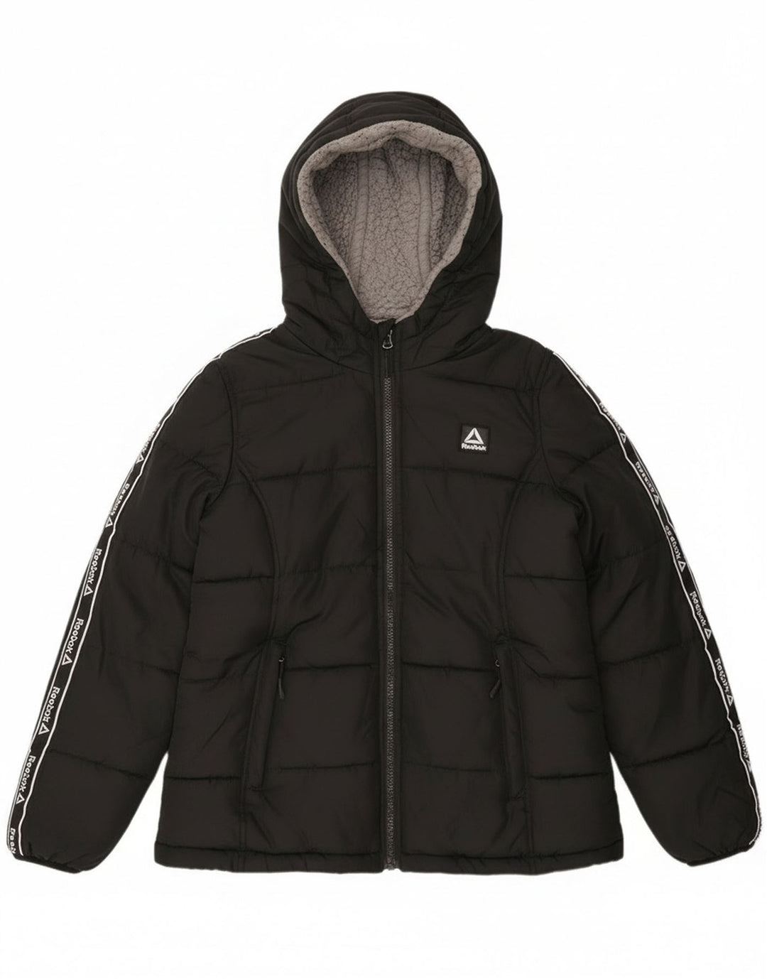 Reebok Chaqueta acolchada con capucha gráfica para mujer UK 10 Small Black