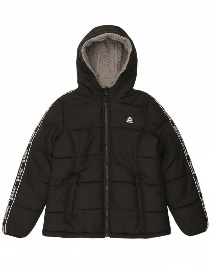 Reebok Chaqueta acolchada con capucha gráfica para mujer UK 10 Small Black