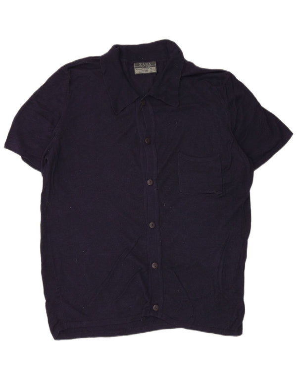 Zara Hombre Camisa Manga Corta XL Rayón Azul Marino