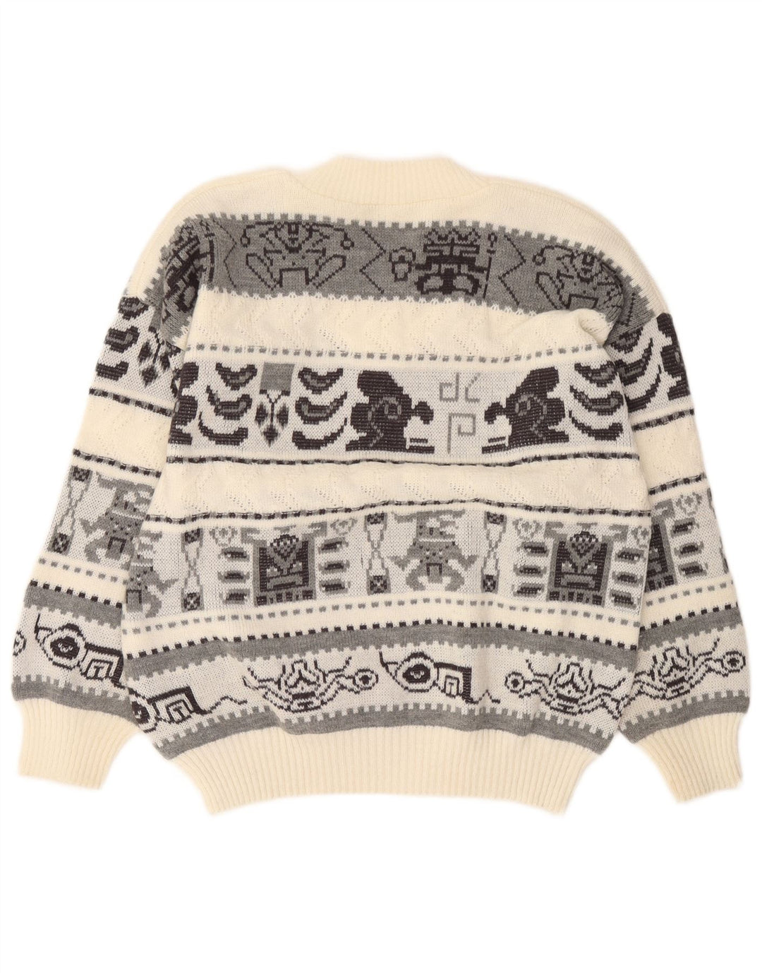 Vintage hombres V-cuello jumper suéter grande off blanco geométrico